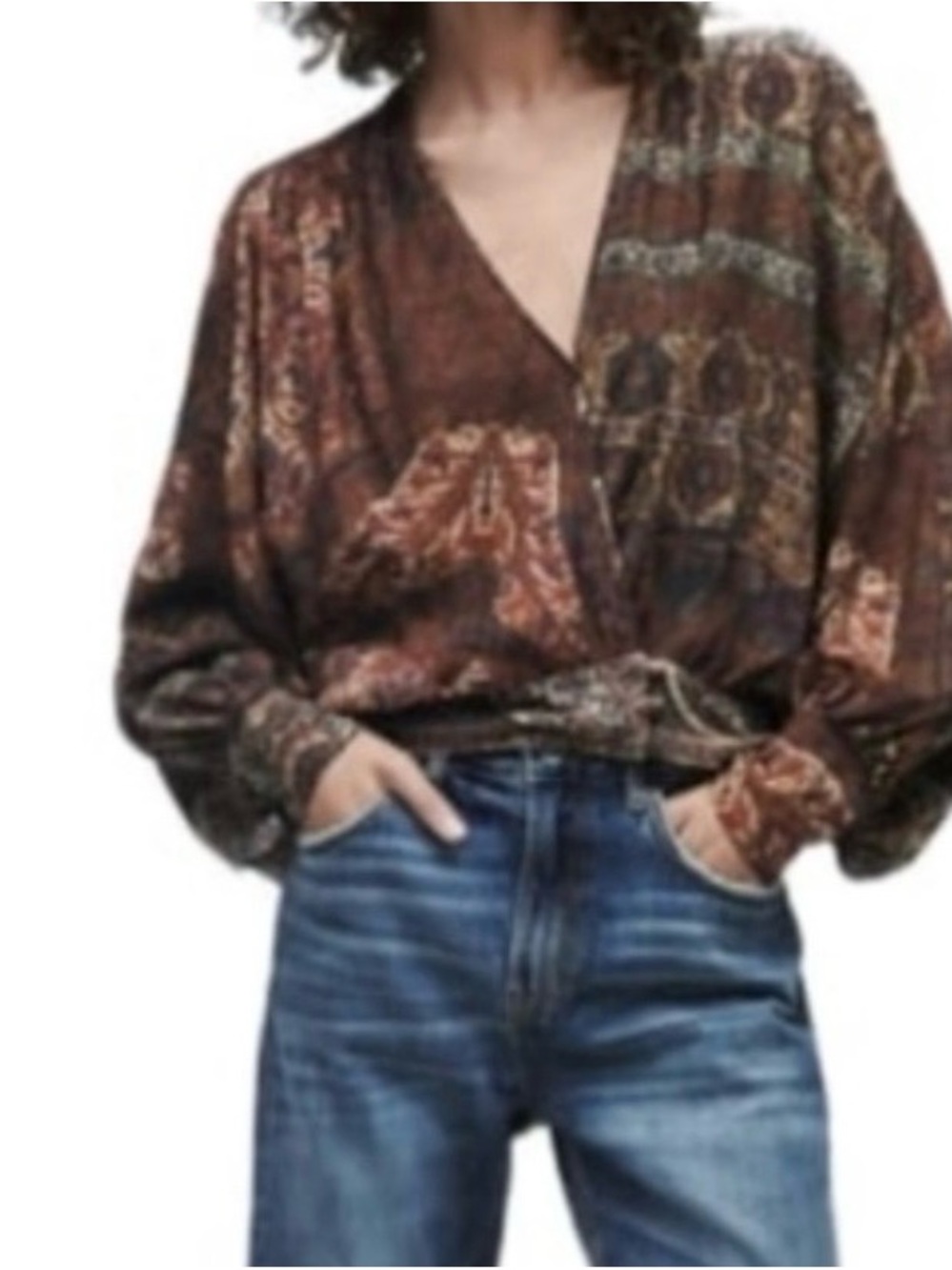 Zara Boho Paisley Printed Balloon Sleeve Crossover V-Neck Blouse Size Large